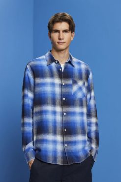Esprit Men Cotton and hemp blended checquered tartan shirt Blue Shirts D2B4J4715
