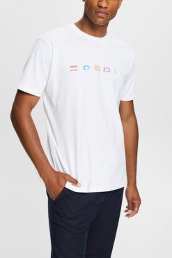 Esprit Men Jersey T-shirt with an embroidered logo White T-Shirts D2B4J4915