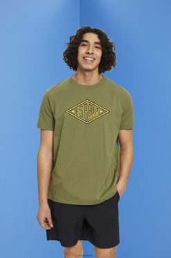 Esprit Men Logo print cotton t-shirt Olive T-Shirts D2B4J4626