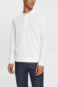 Esprit Men Long sleeve pique polo shirt Off White Polos D2B4J4951