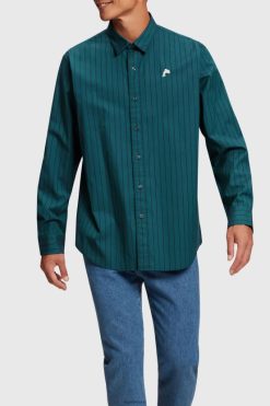 Esprit Men Relaxed fit striped poplin shirt Teal Blue Shirts D2B4J4797