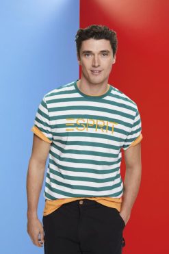Esprit Men Sustainable cotton striped T-shirt Emerald Green T-Shirts D2B4J4741