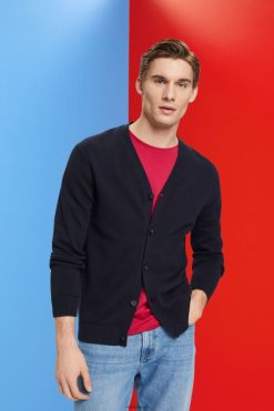 Esprit Men V-neck sustainable cotton cardigan Navy Sweaters D2B4J4776