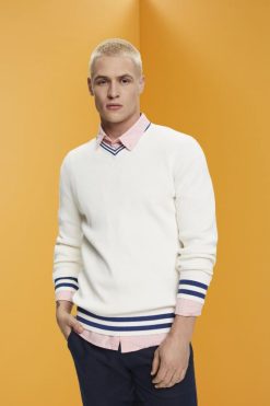 Esprit Men V-neck sustainable cotton jumper Off White Sweaters D2B4J4725