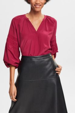 Esprit Women Blouse with smocked details, LENZING ECOVERO Cherry Red Blouses D2B4J4371