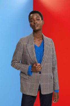 Esprit Women Checked wool blend blazer Cream Beige Coats D2B4J4447