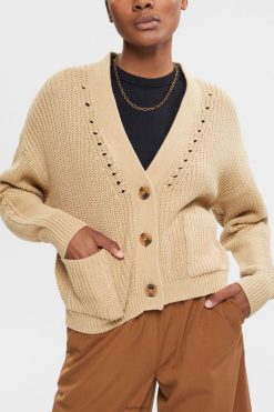 Esprit Women Chunky-knit cotton blend cardigan Sand Sweaters D2B4J4392