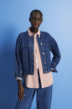 Esprit Women Collarless denim jacket with drawstrings Blue Dark Wash Jackets D2B4J4298