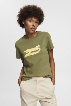 Esprit Women Cotton T-shirt with printed logo Olive T-Shirts D2B4J4144