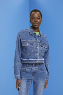 Esprit Women Cropped denim jacket with frayed trim Blue Dark Wash Jackets D2B4J4311