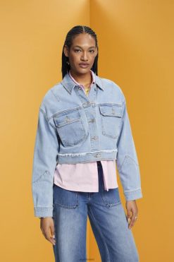 Esprit Women Cropped denim jacket with frayed trim Blue Light Wash Jackets D2B4J4312