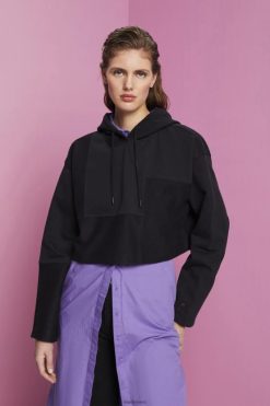 Esprit Women Cropped patchwork hoodie Black Sweatshirts & Hoodies D2B4J4288