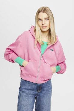 Esprit Women Cropped zip hoodie with logo print on the back Pink Sweatshirts & Hoodies D2B4J4167