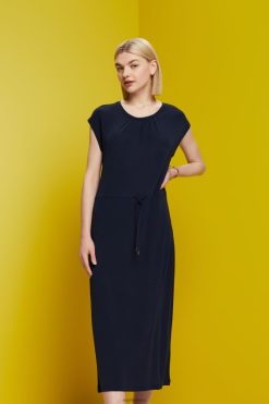 Esprit Women Drawstring Crepe Midi Dress Navy Dresses D2B4J451