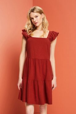 Esprit Women Jersey dress with embroidered lace sleeves Terracotta Dresses D2B4J460