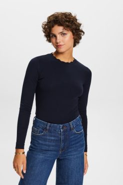 Esprit Women Long sleeve top with a scalloped neck Navy Long Sleeve D2B4J433