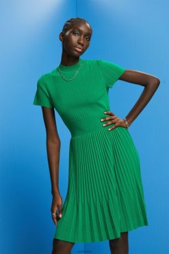 Esprit Women Mockneck pleated midi dress with short-sleeves Emerald Green Dresses D2B4J4121