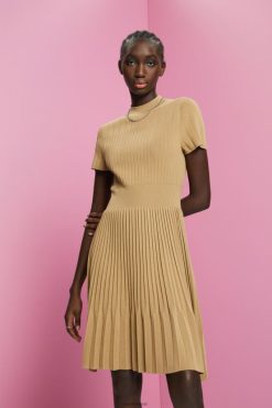 Esprit Women Mockneck pleated midi dress with short-sleeves Khaki Beige Dresses D2B4J4119