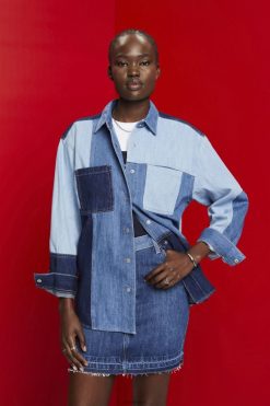 Esprit Women Patchwork jeans shirt, cotton blend Blue Light Wash Shirts D2B4J4257