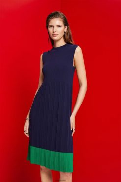 Esprit Women Pleated and sleeveless maxi dress with crewneck Dark Blue Dresses D2B4J4123