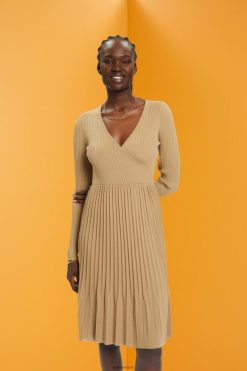 Esprit Women Pleated wrap dress with long-sleeves Khaki Beige Dresses D2B4J4126