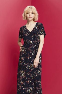 Esprit Women Printed midi dress with a tie belt Dark Blue Dresses D2B4J4189