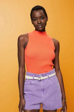 Esprit Women Ribbed, sleeveless jumper, linen blend Coral Orange Sweaters D2B4J4110