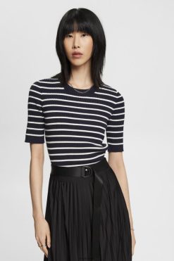 Esprit Women Short-sleeved ribbed sweater Navy Sweaters D2B4J4319